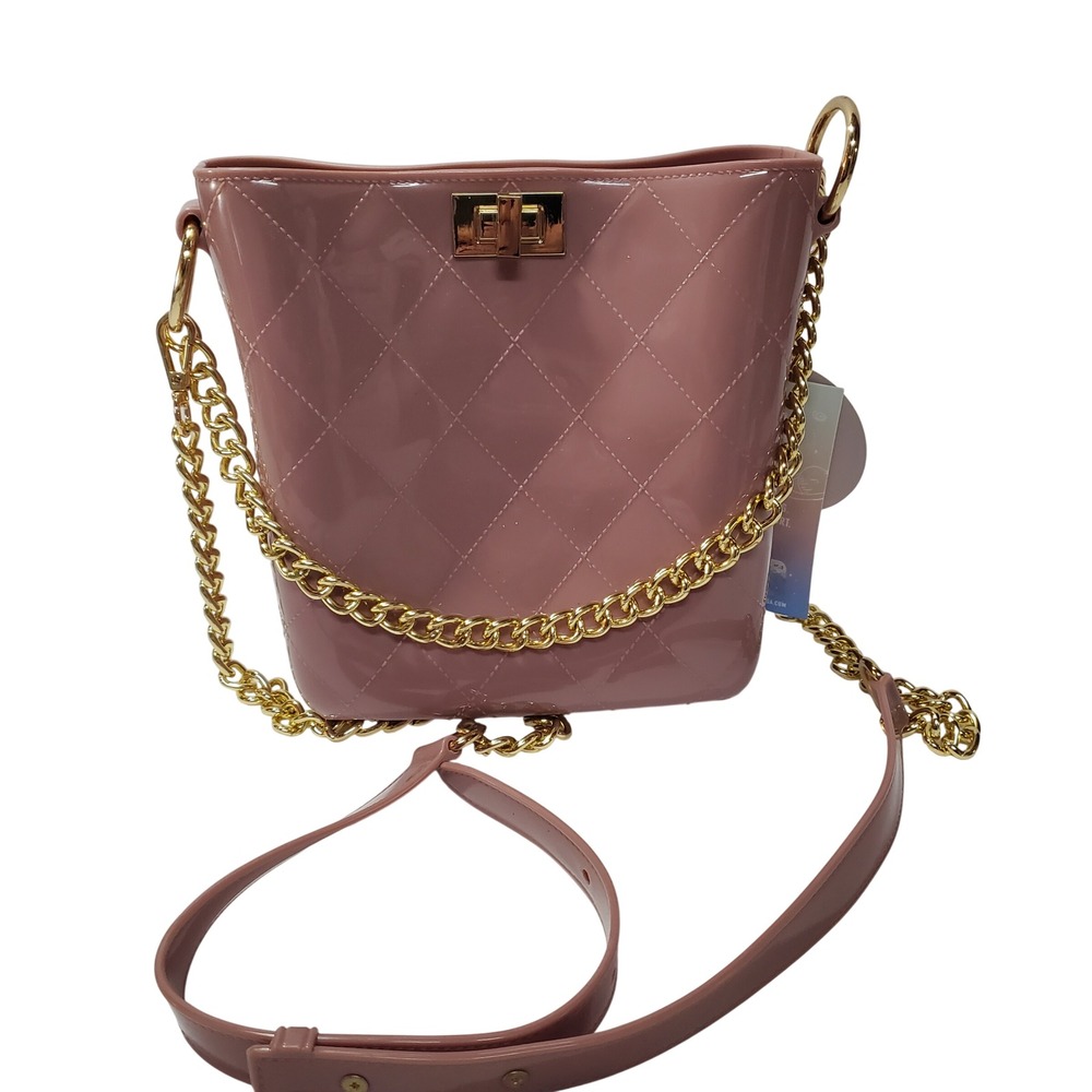 Most Wanted USA Pink Quilted Jelly Bucket Bag Gold Chain Crossbody PVC Purse NWT